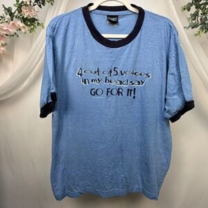 Thunder Creek Mens Blue Ringer T-Shirt Funny Graphic Voices In My Head Size L